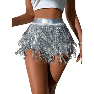 image:imageFloerns Womens Shiny Sequin Tassel Trim Skorts Dance Hip Rave Mini Skirts ShortsSilver