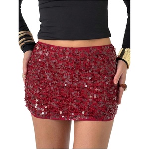 image:imageFloerns Womens Sparkly Sequin Low Rise Mini Skirt Bodycon Music Festival Glitter Night Out SkirtsBurgundy