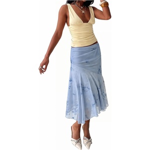 image:imageFloerns Womens Summer Floral Ruffle Asymmetric Flowy Mesh Bodycon SkirtsBlue