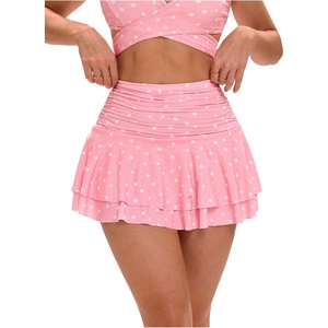 image:imageFloerns Womens Summer Polka Dots Tennis Skirts Ruched Tiered Ruffle Mini Skirt with Built in ShortsPink