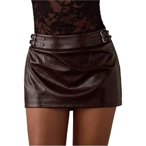 image:imageFloerns Womens Vintage Metal Buckle PU Leather Low Rise Mini SkirtCoffee Brown