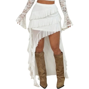 image:imageFloerns Womens Y2k Mesh Maxi Skirt Asymmetrical Layered Ruffle Low Rise Rave Concert Long SkirtWhite