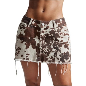 image:imageFloerns Womens Y2k Mini Denim Skirt Cow Print Low Waist Raw Hem Western Jean SkirtBrown and White