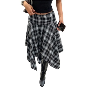 image:imageFloerns Womens Y2k Plaid Midi Skirt Asymmetrical Hem Low Rise Flowy SkirtBlack White Multi