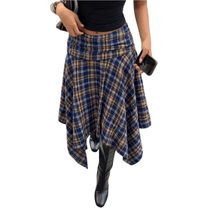 image:imageFloerns Womens Y2k Plaid Midi Skirt Asymmetrical Hem Low Rise Flowy SkirtBlue and Brown