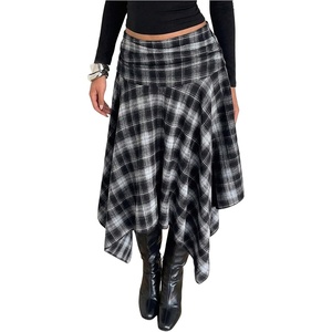 image:imageFloerns Womens Y2k Plaid Midi Skirt Asymmetrical Hem Low Rise Flowy SkirtDark Blue