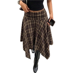 image:imageFloerns Womens Y2k Plaid Midi Skirt Asymmetrical Hem Low Rise Flowy SkirtDeep Brown
