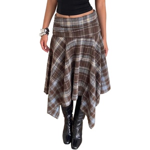 image:imageFloerns Womens Y2k Plaid Midi Skirt Asymmetrical Hem Low Rise Flowy SkirtKhaki