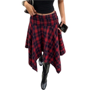 image:imageFloerns Womens Y2k Plaid Midi Skirt Asymmetrical Hem Low Rise Flowy SkirtRed