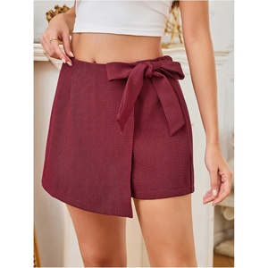 image:imageWomens Houndstooth High Waist Skirt Shorts Asymmetrical Hem Tie Front SkortsRed