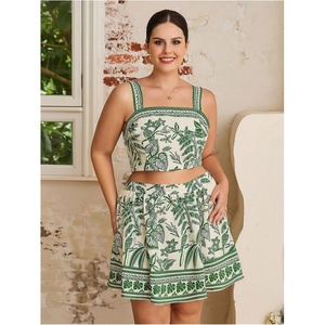 image:imageWomens Plus Size 2 Piece Summer Vacation Boho Outfit Tropical Camisole Top with Mini Skirt SetGreen