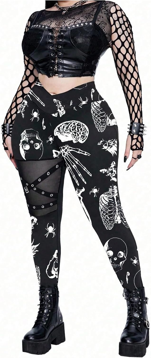 image:imageFloerns Womens Plus Size Goth Leggings Patchwork Punk High Waisted PantsMulticolored