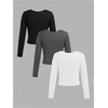 image:imageFloerns Girls 3 Piece Solid Ribbed Knit Square Neck Long Sleeve Tee Shirts Crop TopsBlack Grey White