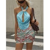 image:imageFloerns Womens 2 Piece Outfit Satin Draped Halter Top and Bodycon Sequin Mini Skirt SetBlue Multi