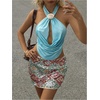 image:imageFloerns Womens 2 Piece Outfit Satin Draped Halter Top and Bodycon Sequin Mini Skirt SetBlue Multi