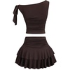 image:imageFloerns Womens 2 Piece Outfits Off The Shoulder Tie Side Ruched Waist Tops amp Pleated Layered Ruffle Mini Skirt SetsCoffee Brown
