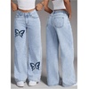 image:imageFloerns Womens Bowknot Embroidery Jeans Y2k Straight Leg Boyfriend Denim PantsButterfly Blue