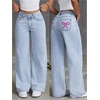 image:imageFloerns Womens Bowknot Embroidery Jeans Y2k Straight Leg Boyfriend Denim PantsLight Wash B