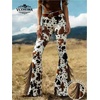 image:imageFloerns Womens Cow Print Flare Legging Fringe Western Bell Bottom PantsBrown White Cow