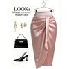 image:imageFloerns Womens Elegant Satin Midi Skirt Wrap Asymmetrical Ruched Bodycon Pencil SkirtPink