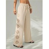 image:imageFloerns Womens Floral Cutout Pants Wide Leg Elastic Waisted Linen TrousersKhaki