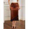 image:imageFloerns Womens Lace Satin Ruched Asymmetrical High Rise Midi SkirtBrown