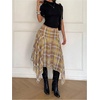 image:imageFloerns Womens Plaid ALine Midi Skirt Asymmetrical Ruffle Hem SkirtsBeige