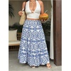 image:imageFloerns Womens Plus Size Plants Maxi Skirt Elastic Waist Tiered Ruffle Vacation Outfit A Line SkirtsBlue