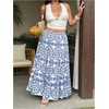 image:imageFloerns Womens Plus Size Plants Maxi Skirt Elastic Waist Tiered Ruffle Vacation Outfit A Line SkirtsBlue