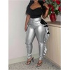 image:imageFloerns Womens Plus Size Ruffle Trim Skinny Pants Leather High Waist TrousersSilver