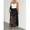 image:imageFloerns Womens Plus Size Satin Lace Patchwork High Waisted Long SkirtBlack