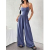image:imageFloerns Womens Summer Jumpsuit Romper Spaghetti Strap Wide Leg Baggy PantsBlue Plain