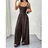 image:imageFloerns Womens Summer Jumpsuit Romper Spaghetti Strap Wide Leg Baggy PantsCoffee Brown