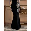 image:imageFloerns Womens Velvet Sequin Floral High Waisted Fishtail Midi SkirtBlack