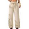 image:imageFloerns Womens Floral Cutout Pants Wide Leg Elastic Waisted Linen TrousersKhaki