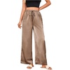 image:imageFloerns Womens Satin Straight Leg Pants Elastic Waist Loungewear Party TrousersCoffee Brown