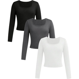 image:imageFloerns Girls 3 Piece Solid Ribbed Knit Square Neck Long Sleeve Tee Shirts Crop TopsBlack Grey White