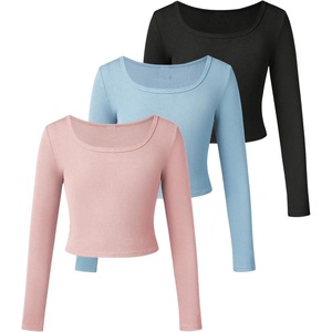 image:imageFloerns Girls 3 Piece Solid Ribbed Knit Square Neck Long Sleeve Tee Shirts Crop TopsDusty Blue