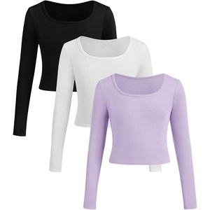 image:imageFloerns Girls 3 Piece Solid Ribbed Knit Square Neck Long Sleeve Tee Shirts Crop TopsMauve Purple