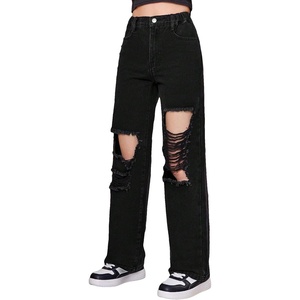 image:imageFloerns Girls Cut Out Ripped Wide Leg Jeans High Waisted Distressed Denim PantsBlack