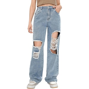 image:imageFloerns Girls Cut Out Ripped Wide Leg Jeans High Waisted Distressed Denim PantsBlue B