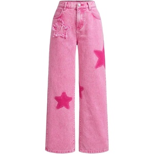image:imageFloerns Girls Elastic Waist Distressed Ripped Straight Leg Denim JeansPink Star