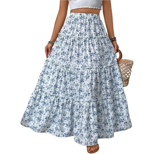 image:imageFloerns Girls Floral Maxi Skirt Elastic Waist Tiered Ruffle Hem Summer A Line SkirtsBlue and White