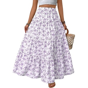 image:imageFloerns Girls Floral Maxi Skirt Elastic Waist Tiered Ruffle Hem Summer A Line SkirtsMauve Purple