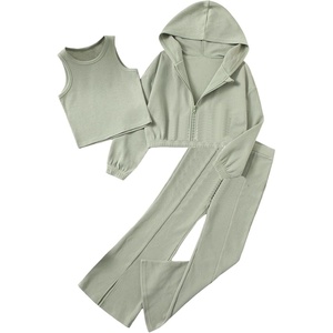 image:imageFloerns Girls Long Sleeve Hoodie Tank Split Flare Pants Set Three Piece OutfitA Green
