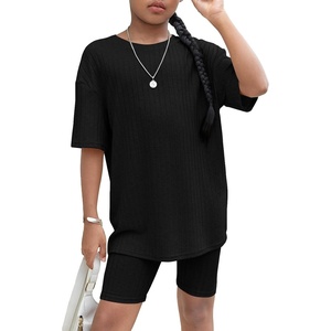 image:imageFloerns Girls Rib Knit Short Sleeve T Shirt with Biker Shorts Set 2 Piece OutfitBlack