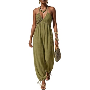 image:imageFloerns Jumpsuits for Women Tie Backless Halter Neck Baggy Harem Pants Rompers Summer OutfitsArmy Green