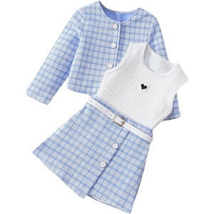 image:imageFloerns Toddler Girls 3 Piece Outfit Plaid Print Jacket with Belt Skirts Rib Knit Tank TopBlue