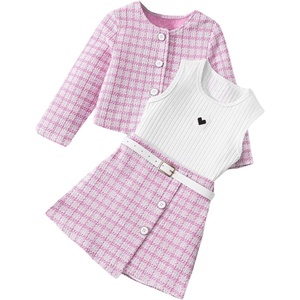 image:imageFloerns Toddler Girls 3 Piece Outfit Plaid Print Jacket with Belt Skirts Rib Knit Tank TopPink