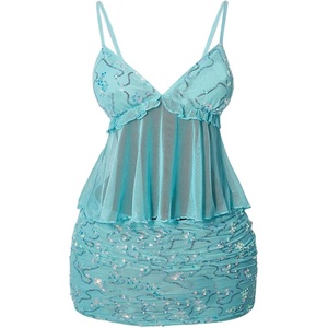 image:imageFloerns Womens 2 Piece Date Night Outfit Sequin Beaded Mesh Cami Top Glitter Mini Skirts Set Teal Blue Large